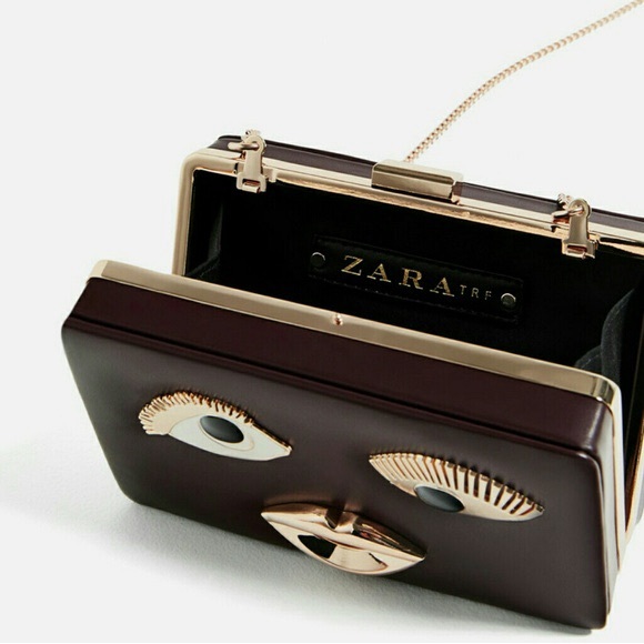 ZARA Minaudiere Gold Face Burgundy Kitschy BAG Crossbody Purse Chain - Picture 5 of 7